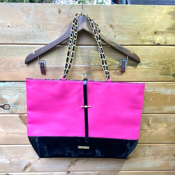 Juicy Couture Glam Tote Bag Pink Black Patent Leather Gold Chain Purse - Picture 6 of 8